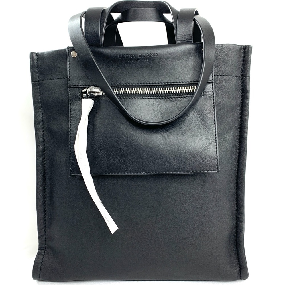 Lucky Brand Soue Unisex Black Leather Large Tote Shoulder Bag Business Travel - Picture 2 of 13